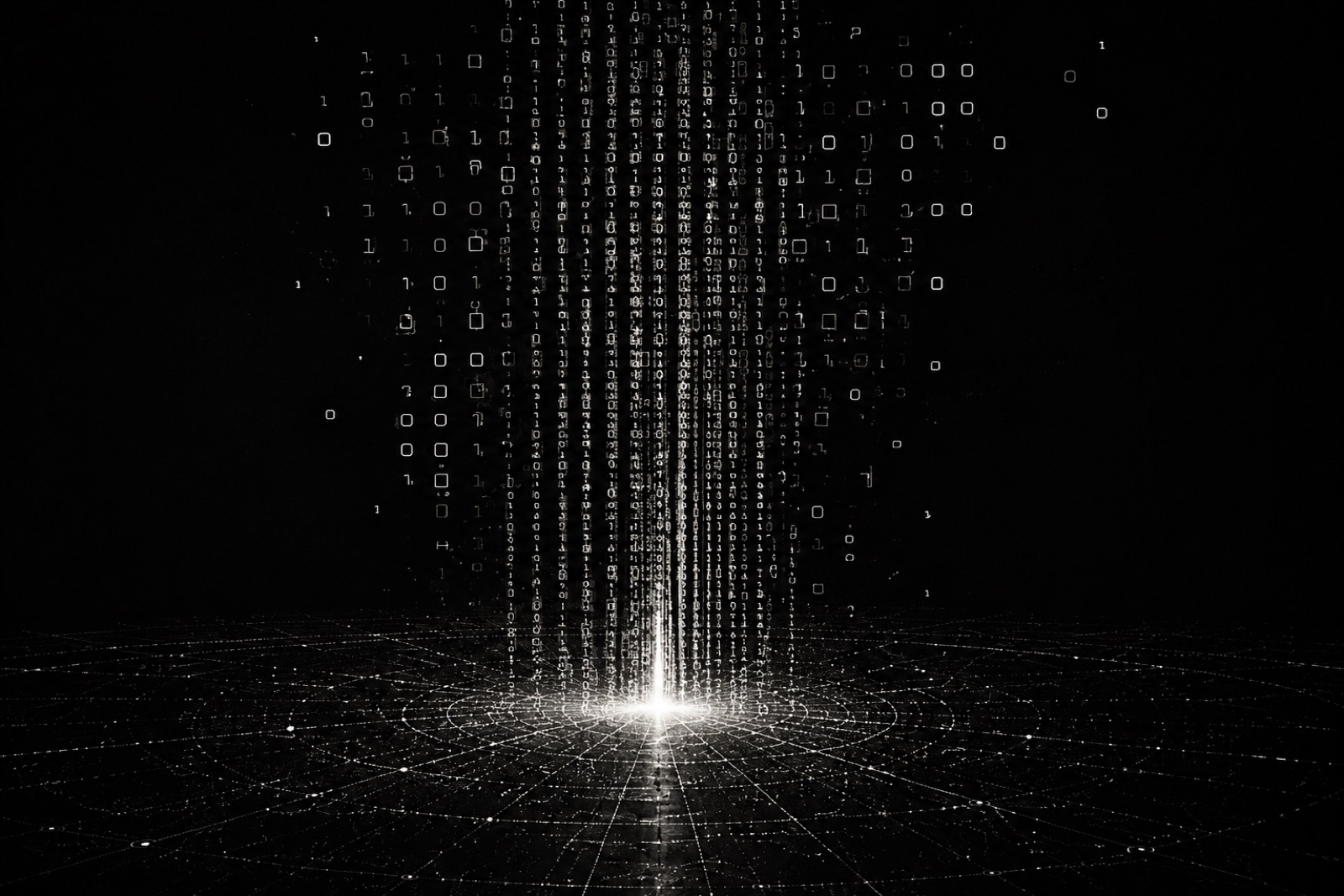 Streams of data falling toward a single bright point on a dark grid floor