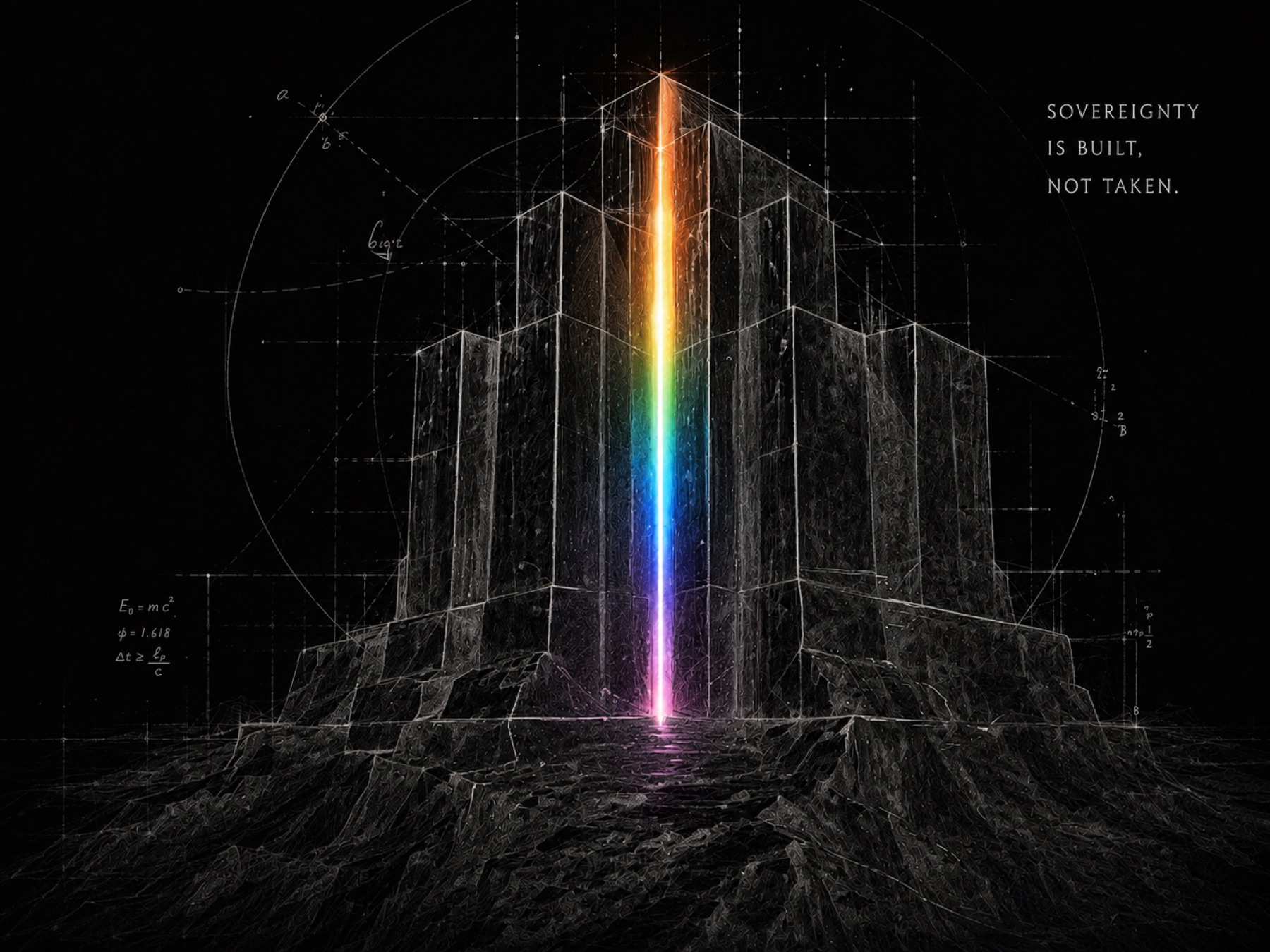 A stone monument split by a beam of light, captioned sovereignty is built, not taken