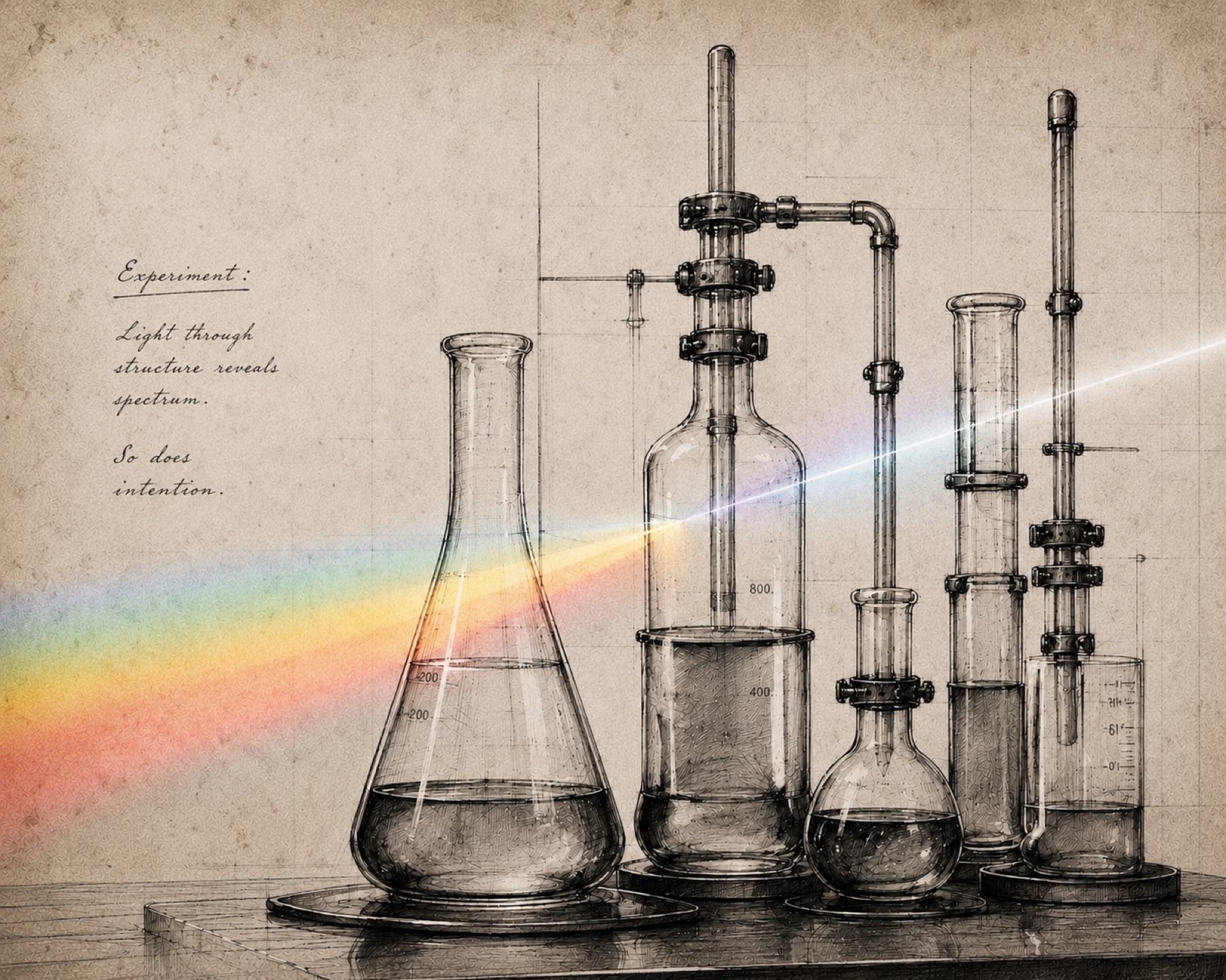 Apparatus study: alchemical glassware joined by tubing, ink and pencil on aged paper