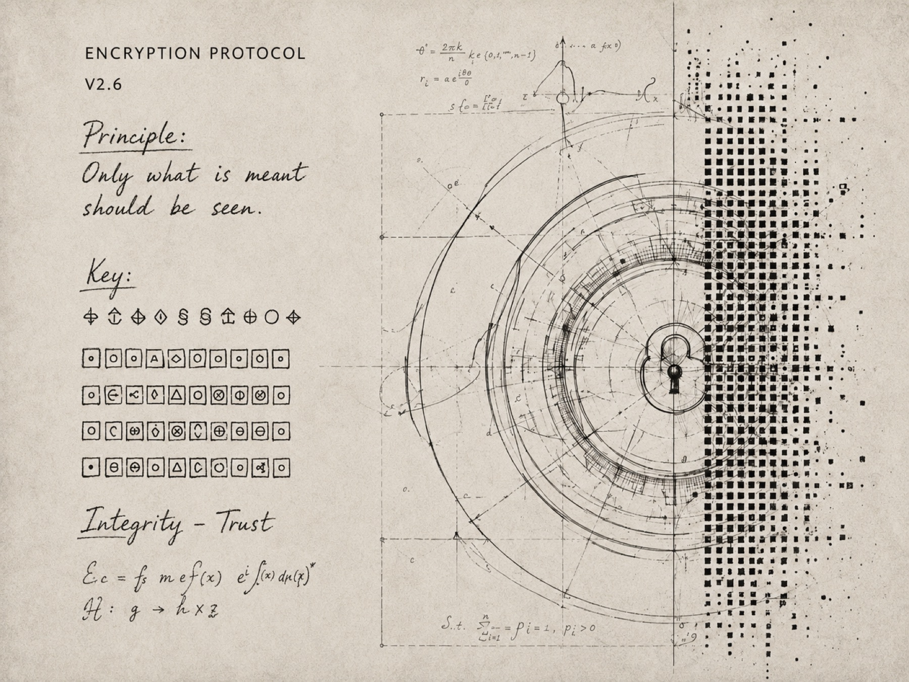 Ink study of an encryption protocol: a glyph key beside a mechanism dissolving into cipher blocks