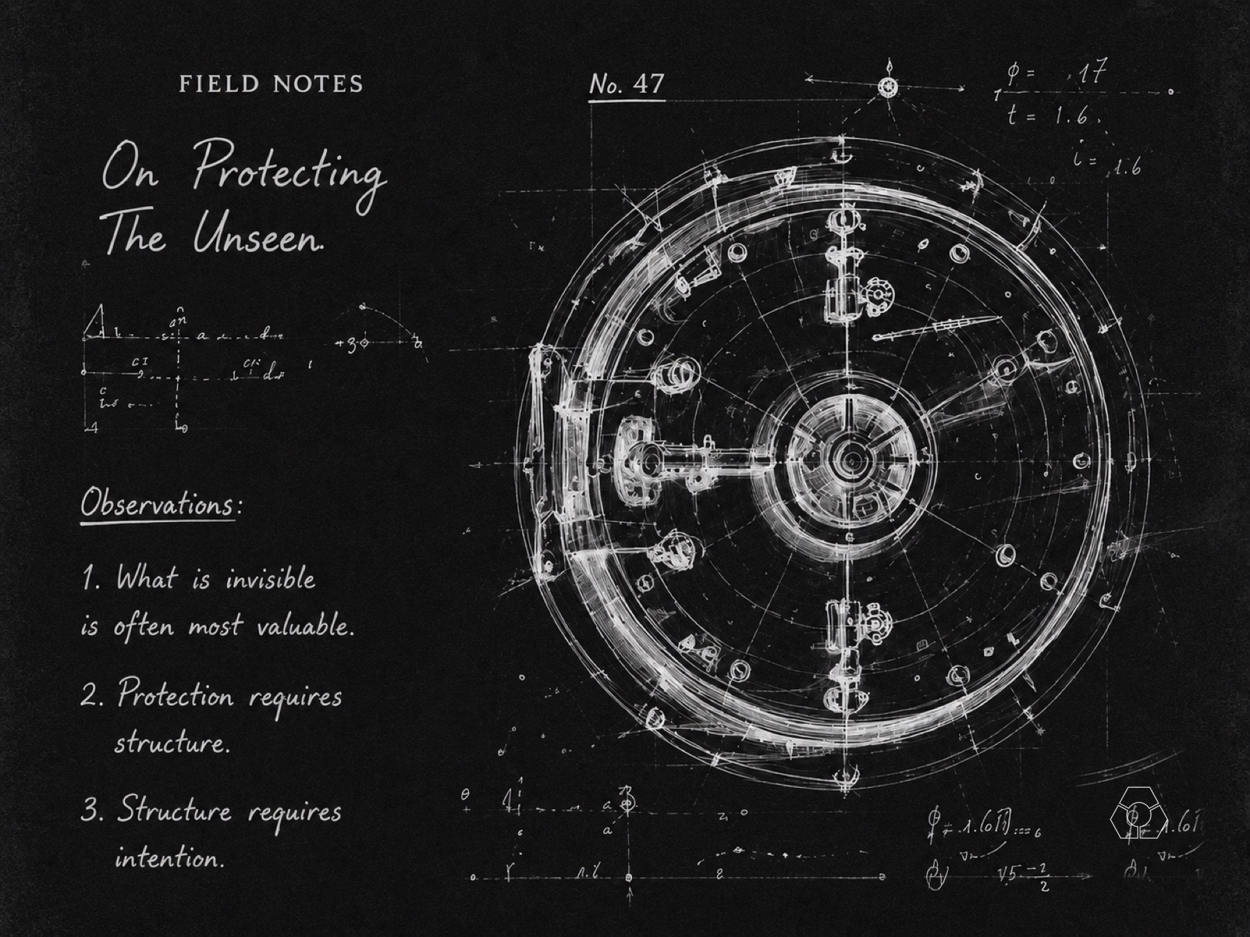 Field notes number 47, on protecting the unseen: a vault mechanism sketched in white on charcoal