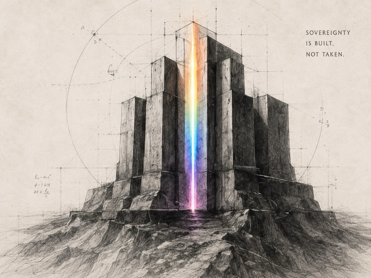 A pencil-sketched fortress of stone blocks split by a vertical prism of light, captioned sovereignty is built, not taken