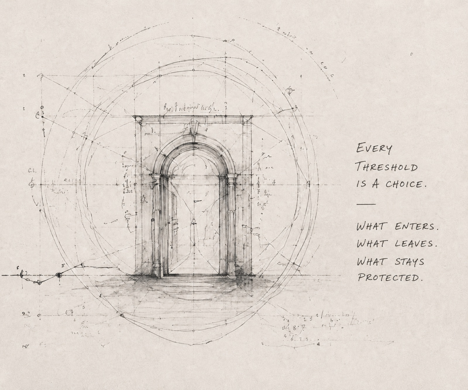 An arched threshold drawn in pencil over construction lines, annotated: every threshold is a choice, what enters, what leaves, what stays protected